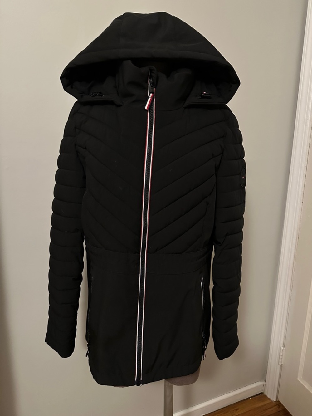 Tommy Hilfiger Black Quilted Hooded Coat with Tricolor Zip Detail